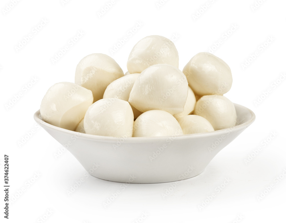 Mozzarella balls in white bowl isolated on white background.