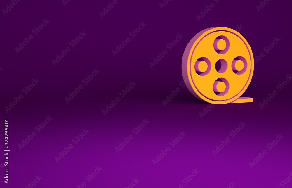 橙色胶卷卷轴图标隔离在紫色背景上。极简主义概念。3d插图3d渲染。