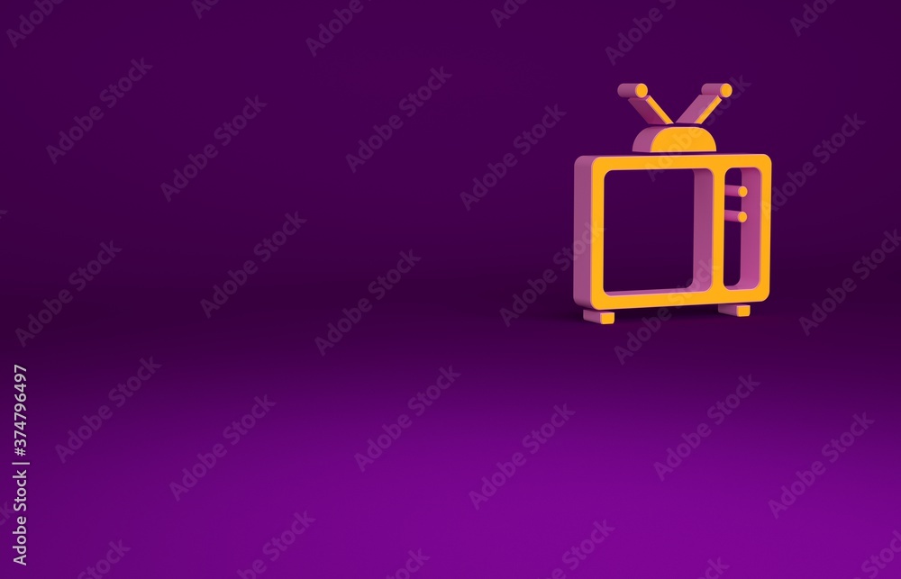 橙色复古电视图标隔离在紫色背景上。电视标志。极简主义概念。3d插图