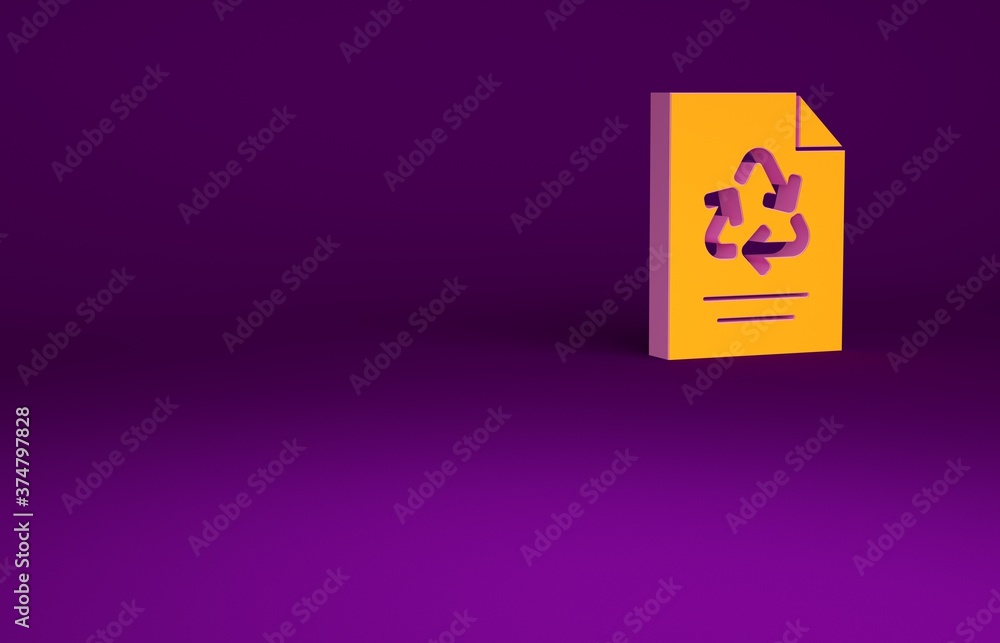 橙色纸，紫色背景上隔离回收图标。极简主义概念。3d插图