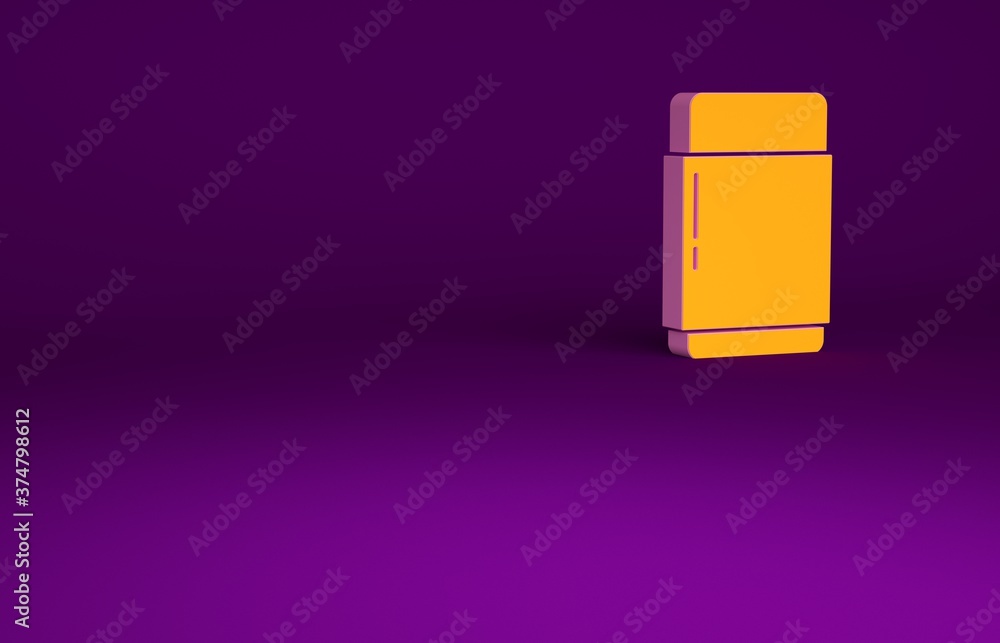 橙色橡皮擦或橡胶图标隔离在紫色背景上。极简主义概念。3d插图3d r