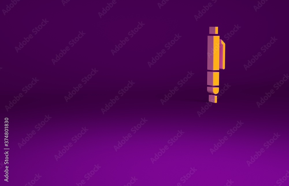 橙色笔图标隔离在紫色背景上。极简主义概念。3d插图3d渲染。