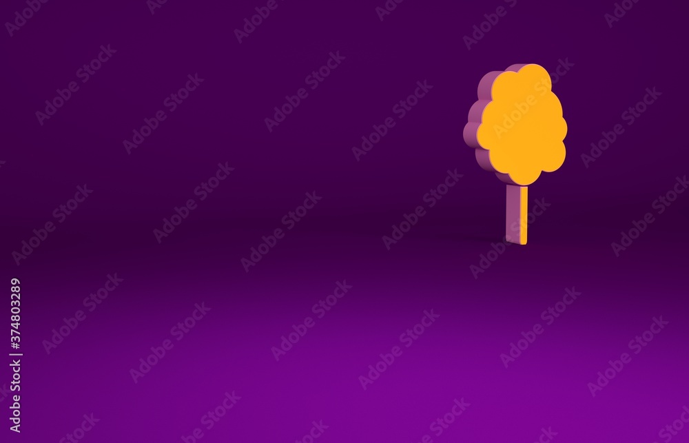 橙色棉花糖图标隔离在紫色背景上。极简主义概念。3d插图3d rende