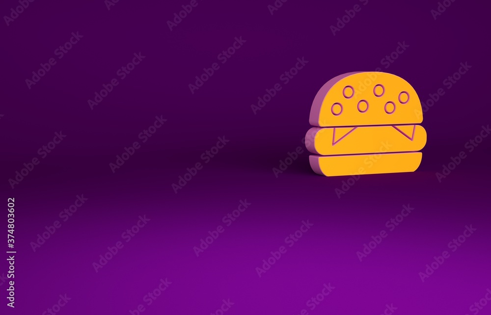 橙色汉堡图标隔离在紫色背景上。汉堡图标。奶酪汉堡三明治标志。快速f