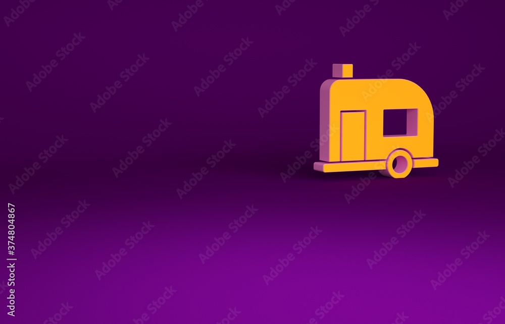 橙色Rv露营拖车图标隔离在紫色背景上。旅行移动房屋，房车，家庭营地
