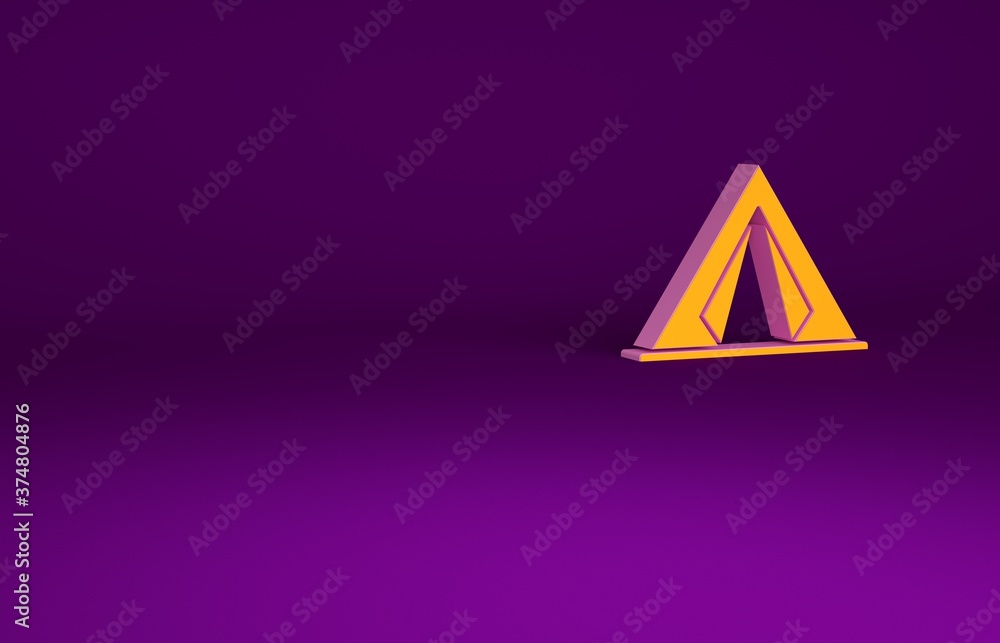 橙色旅游帐篷图标隔离在紫色背景上。露营符号。极简主义概念。3d插图