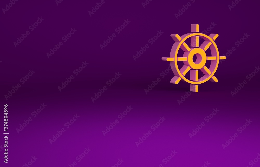 橙色船舶方向盘图标隔离在紫色背景上。极简主义概念。三维插图3
