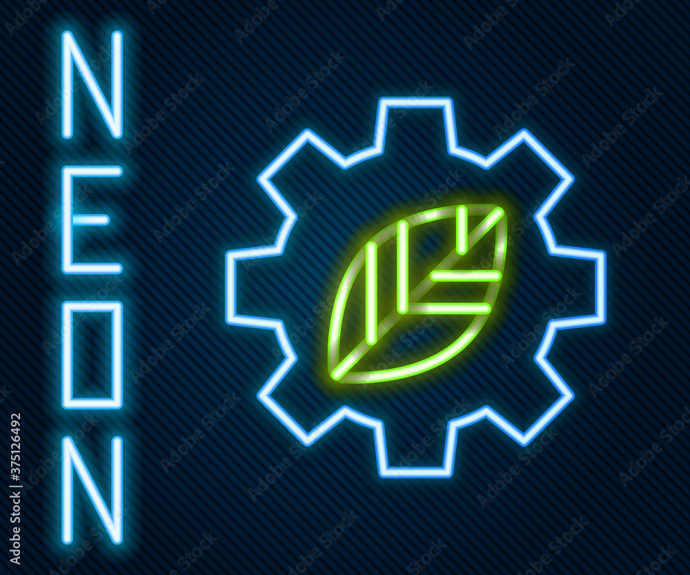 Glowing neon line Leaf plant ecology in gear machine icon isolated on black background. Eco friendly