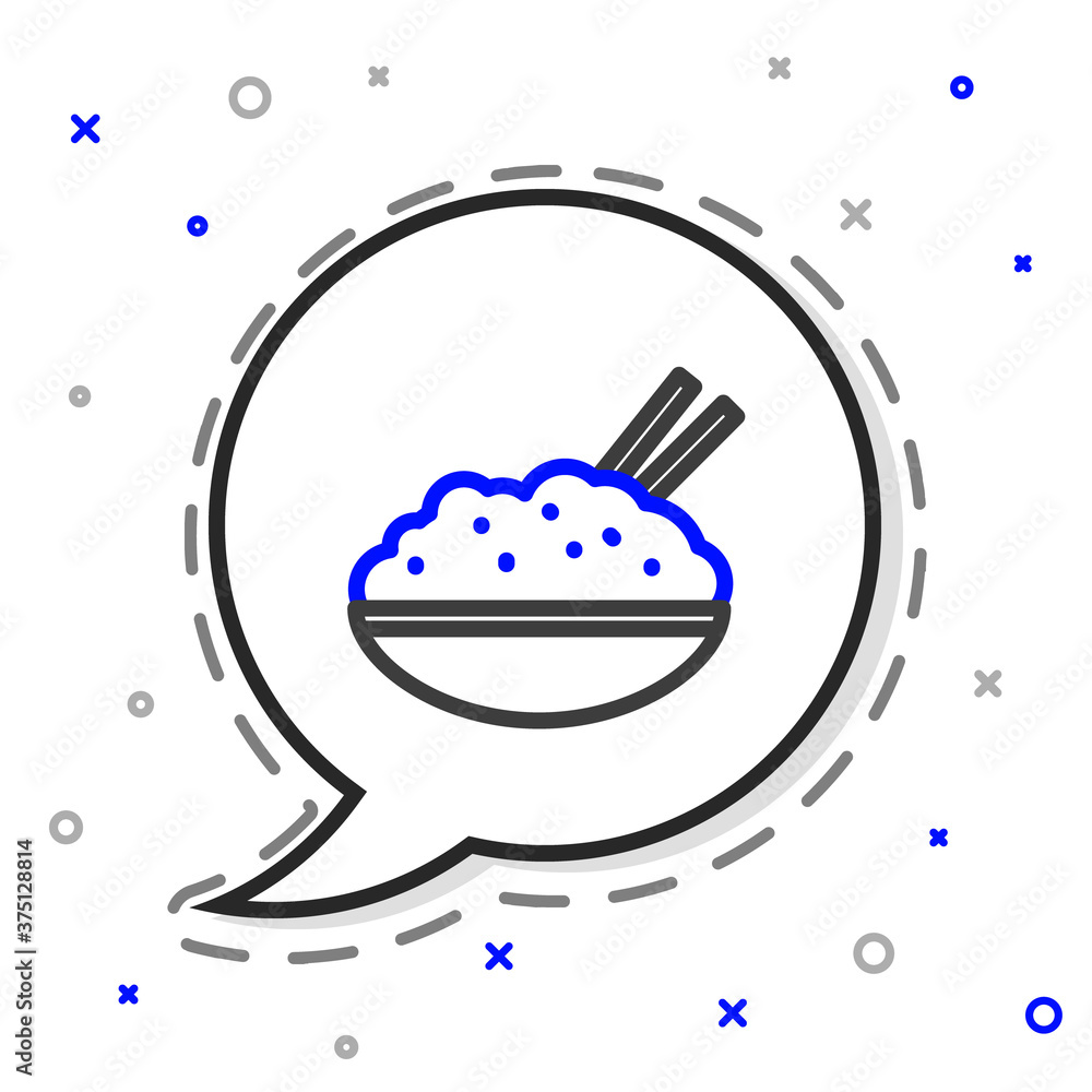 碗里的米饭，白色背景上有筷子图标。传统亚洲食物。颜色