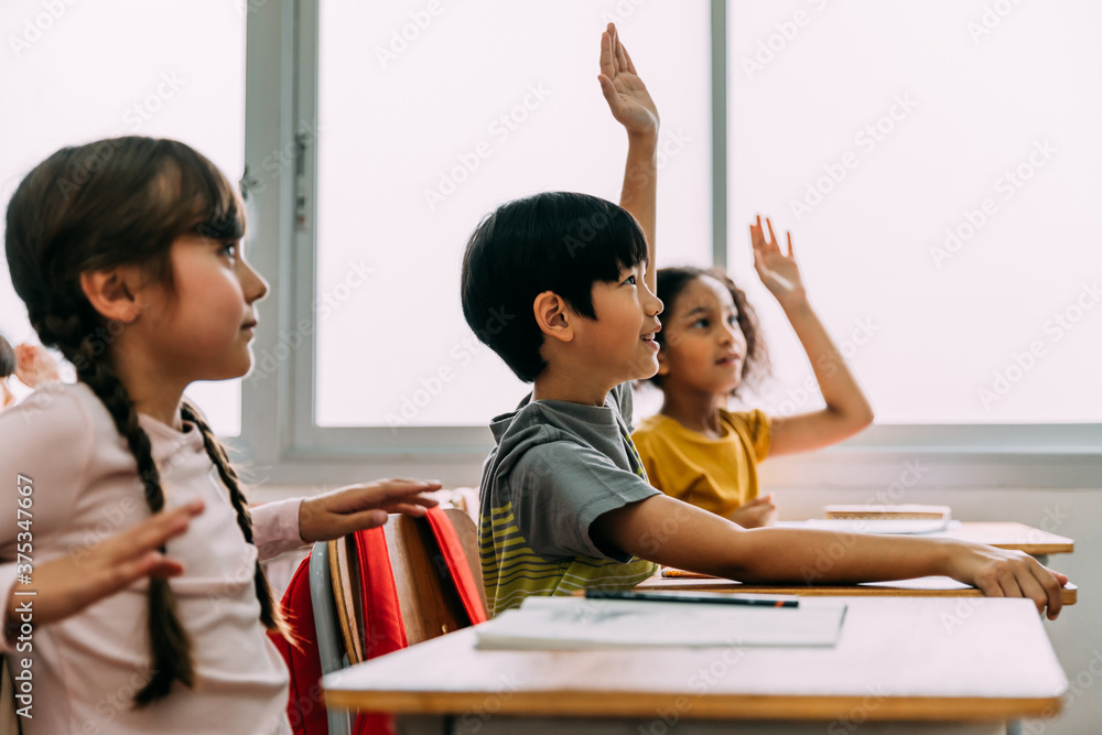 亚洲小学生男孩在问答课上举手。学龄前学生群体多样化