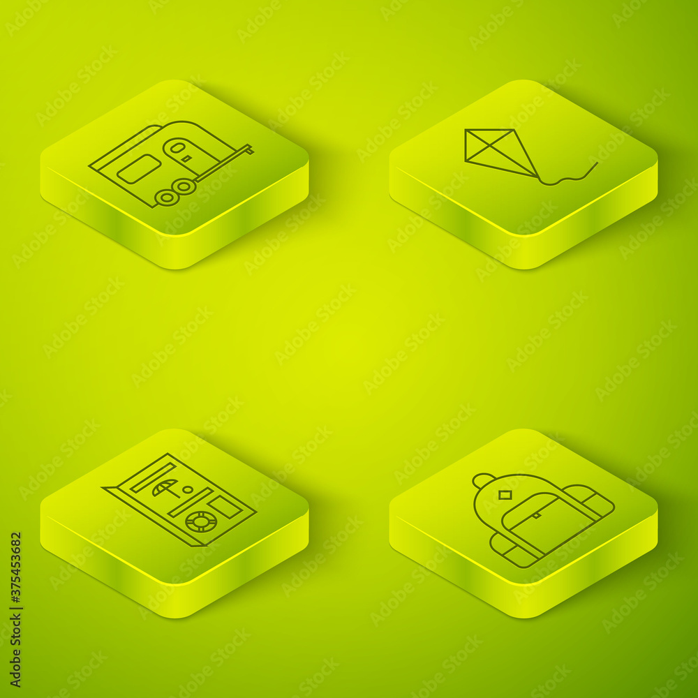Set Isometric Kite, Travel brochure, Hiking backpack and Rv Camping trailer icon. Vector.