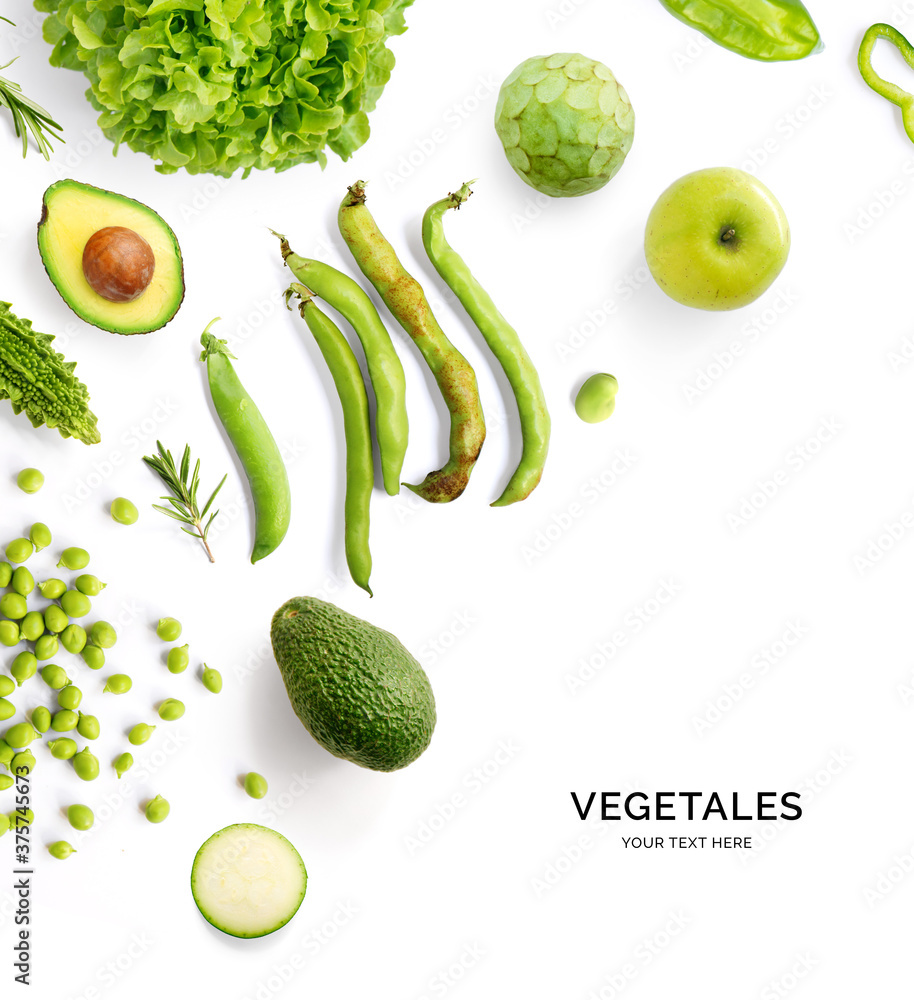 绿色蔬菜和水果的创意布局。平面布局。食品概念。鳄梨、蚕豆、gr