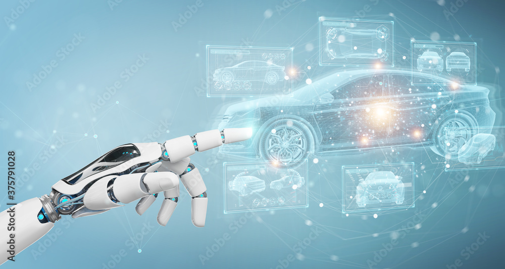 机器人手持触摸全息智能汽车界面投影3D渲染
