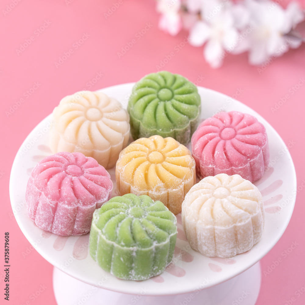 Colorful snow skin moon cake, sweet snowy mooncake, traditional savory dessert for Mid-Autumn Festiv