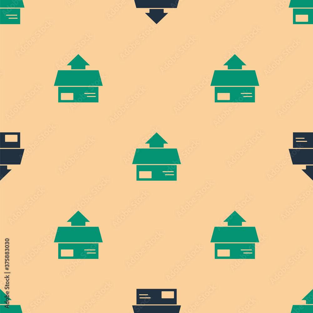 Green and black Carton cardboard box icon isolated seamless pattern on beige background. Box, packag