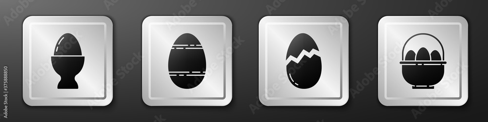 将复活节彩蛋放在架子上，复活节彩蛋，碎鸡蛋和带有复活节彩蛋图标的篮子。银色方块布