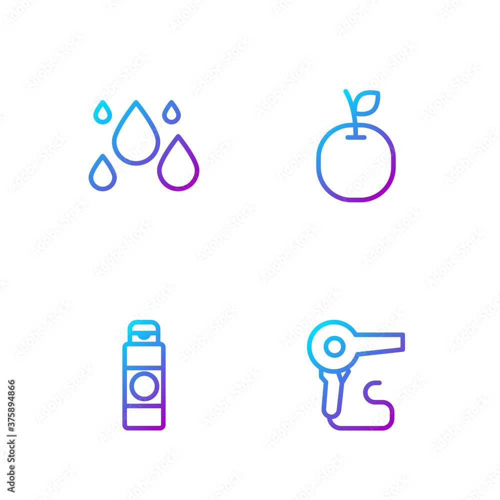 Set line Hair dryer, Cream or lotion cosmetic tube, Water drop and Apple. Gradient color icons. Vect