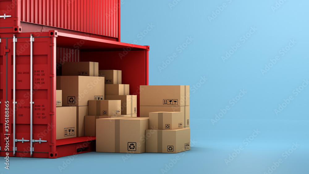 堆叠的棕色盒子包装和集装箱，航运业务，3d渲染