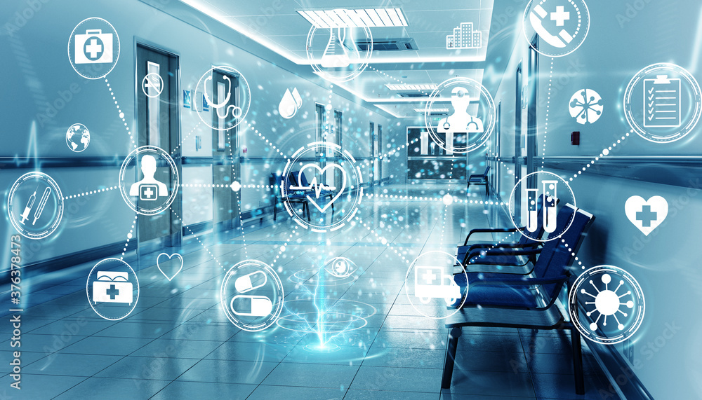 医院蓝色走廊，带数字医疗信息图和图表3D渲染