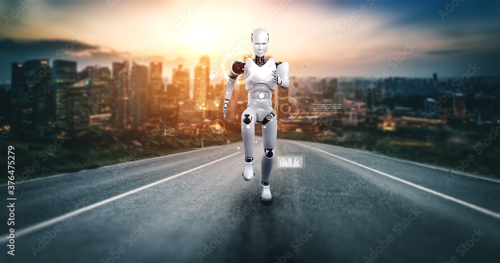 奔跑机器人人形机器人在未来创新发展的概念中展现出快速运动和活力