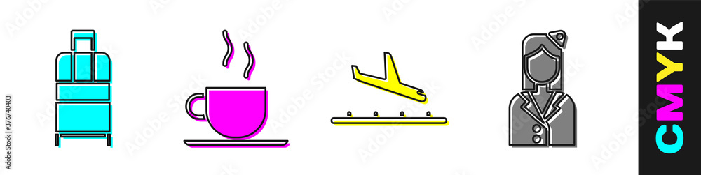 设置手提箱、咖啡杯、飞机降落和乘务员图标。矢量。