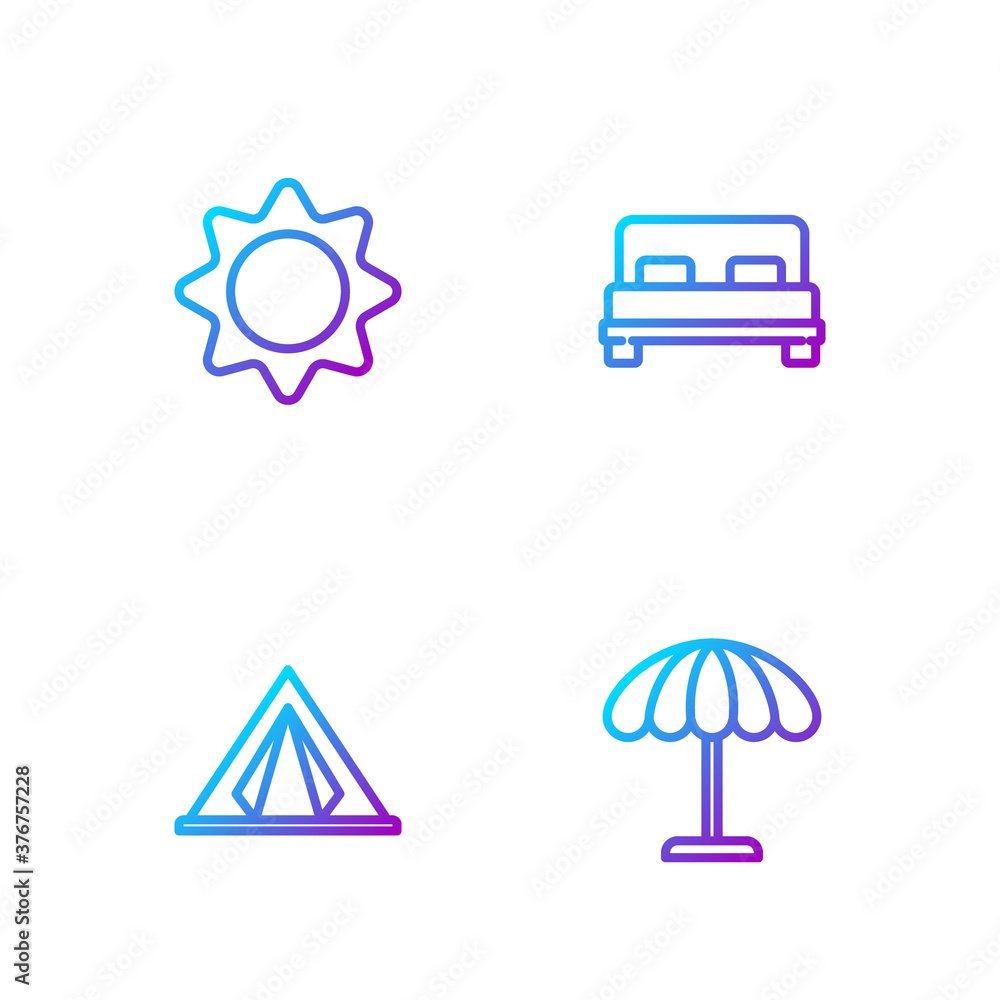 为海滩、旅游帐篷和大床设置遮阳伞。渐变色图标。矢量。