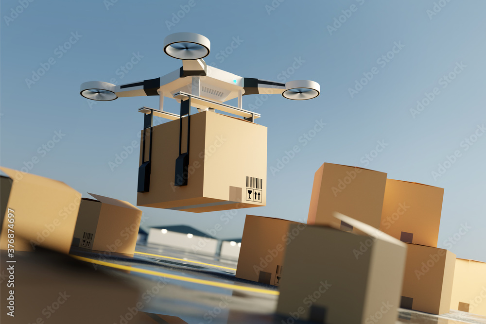 一架无人机四旋翼机载着一个大包裹离开地面。无人机送货服务。3D插图