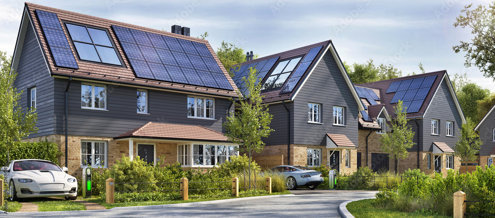带屋顶太阳能电池板和电动汽车的美丽住宅街