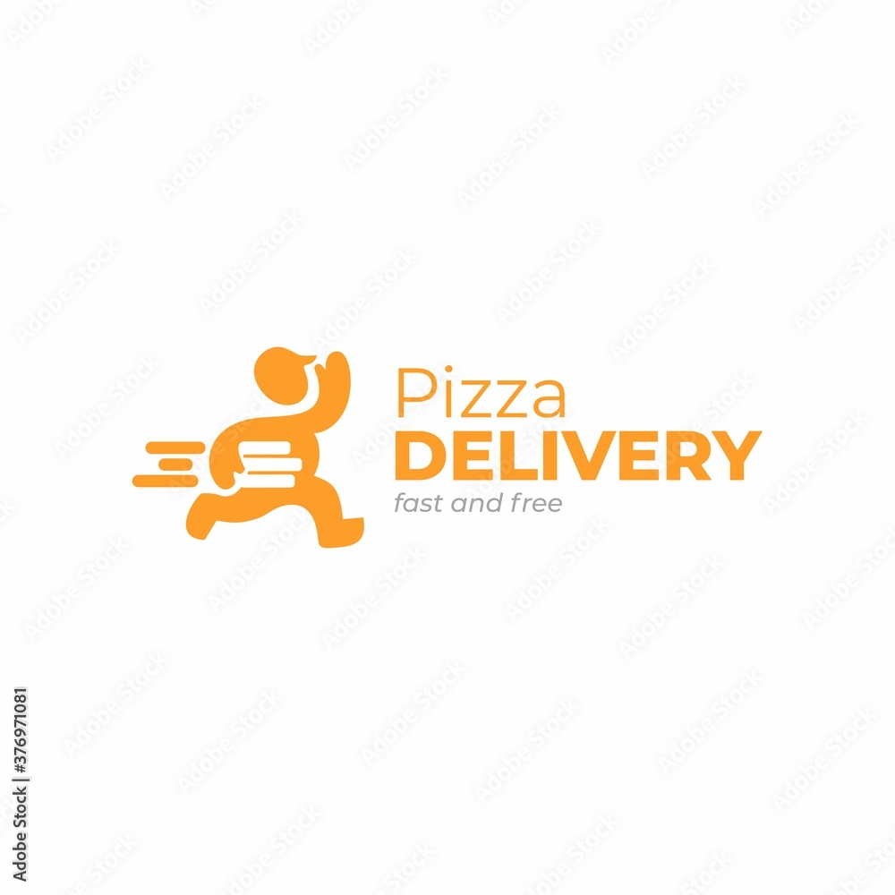 送货标志模板。拿着披萨盒的送货员标志。披萨客矢量标志。