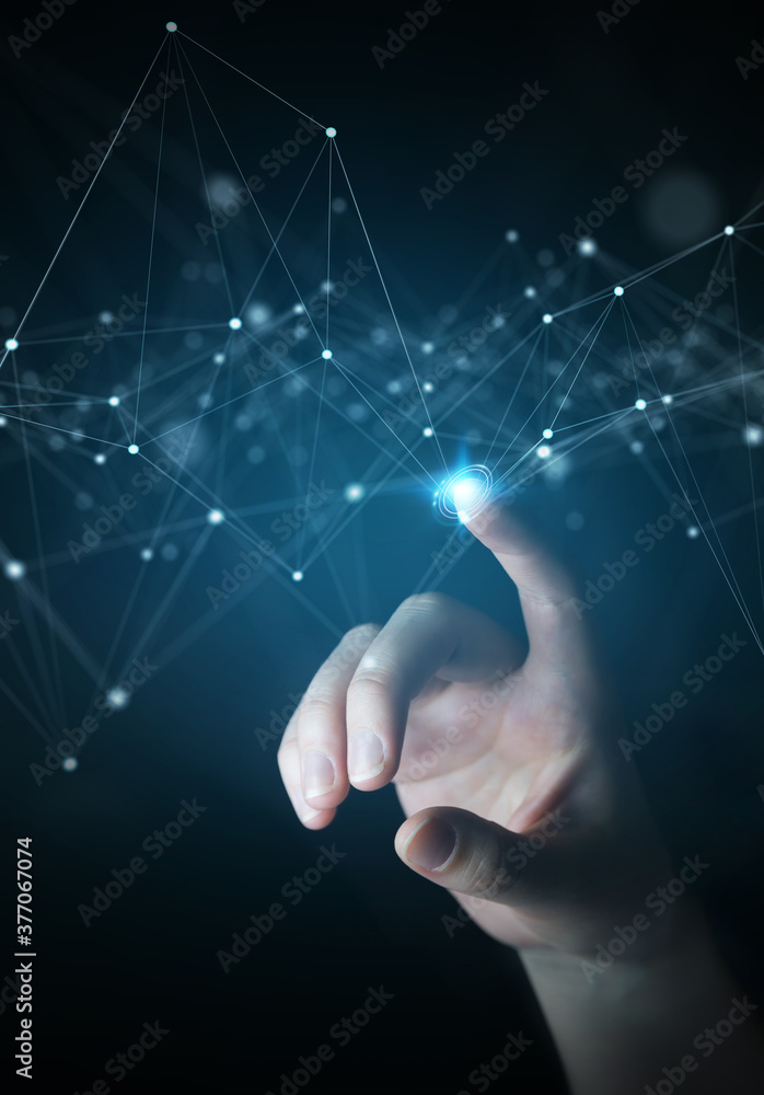 Businessman using floating digital network connections with dots and lines 3D rendering