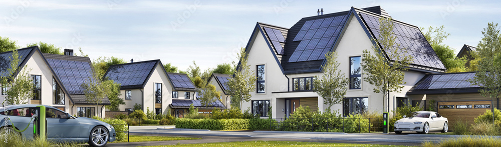 拥有屋顶太阳能电池板和电动汽车的美丽住宅街