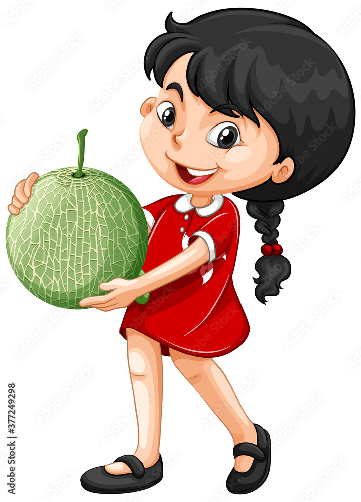 亚洲女孩站着拿着瓜果