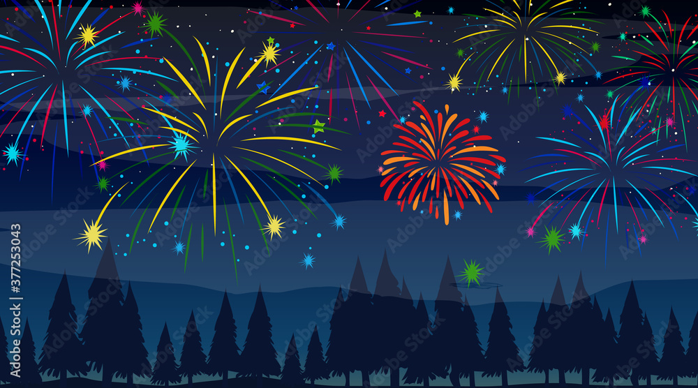 Forest with celebration fireworks scene