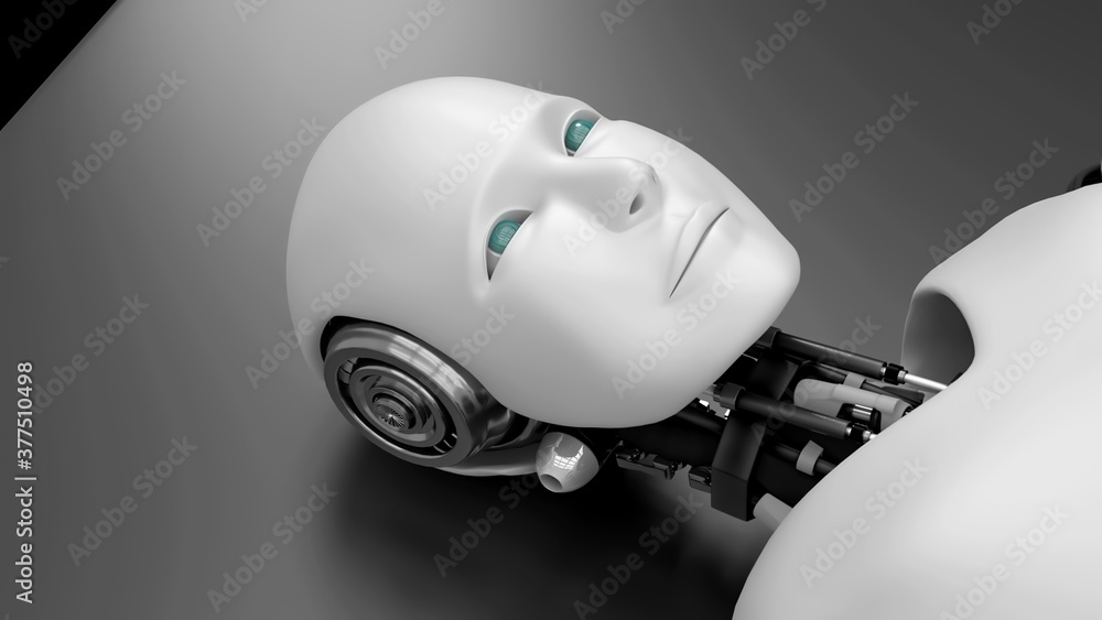 躺在床上的未来主义机器人，黑色背景下的人工智能CGI。机器人人3D人