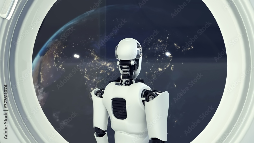 未来主义机器人，俯瞰地球的太空宇宙中宇宙飞船内的人工智能CGI