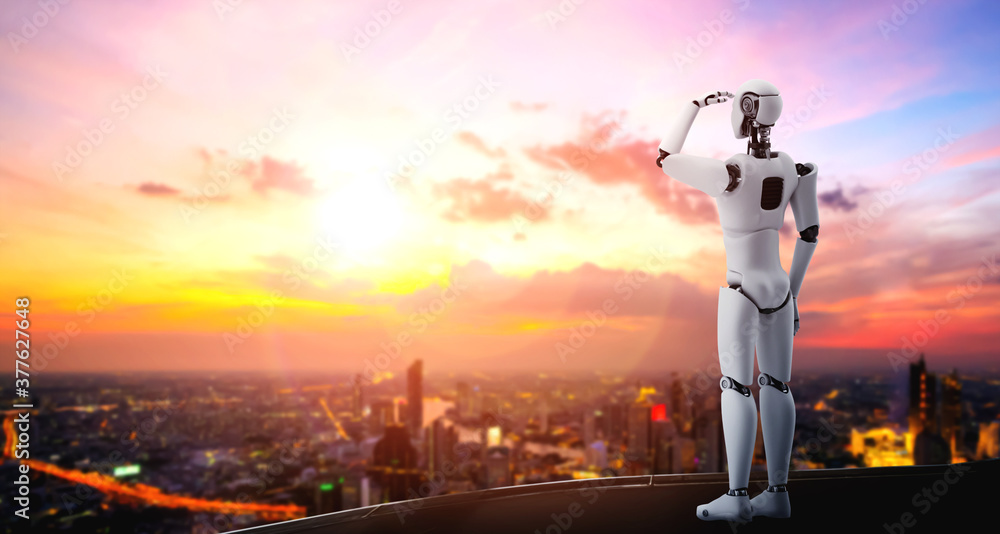 3D插图机器人人形，在城市景观天际线下向前看。领导力的概念，id