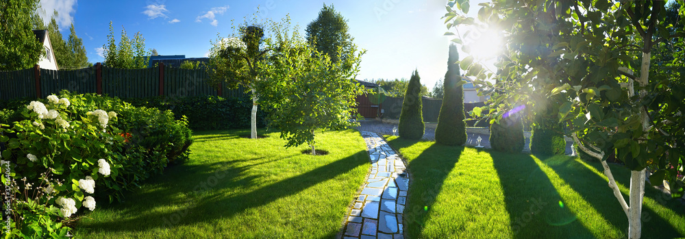 阳光下夏日花园里蜿蜒的小路。花园里的景观美化有美丽的绿色草坪，thuja an