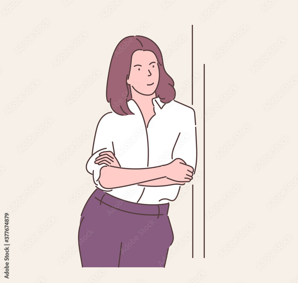 Businesswoman or manager in office concept. Young business woman, company chief, leader boss leaning