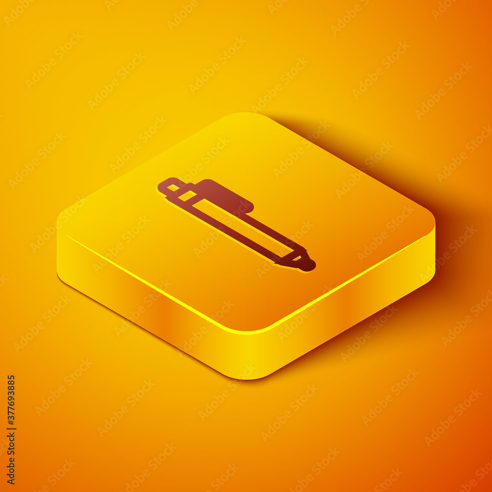 等距线笔图标在橙色背景上隔离。黄色方形按钮。矢量。