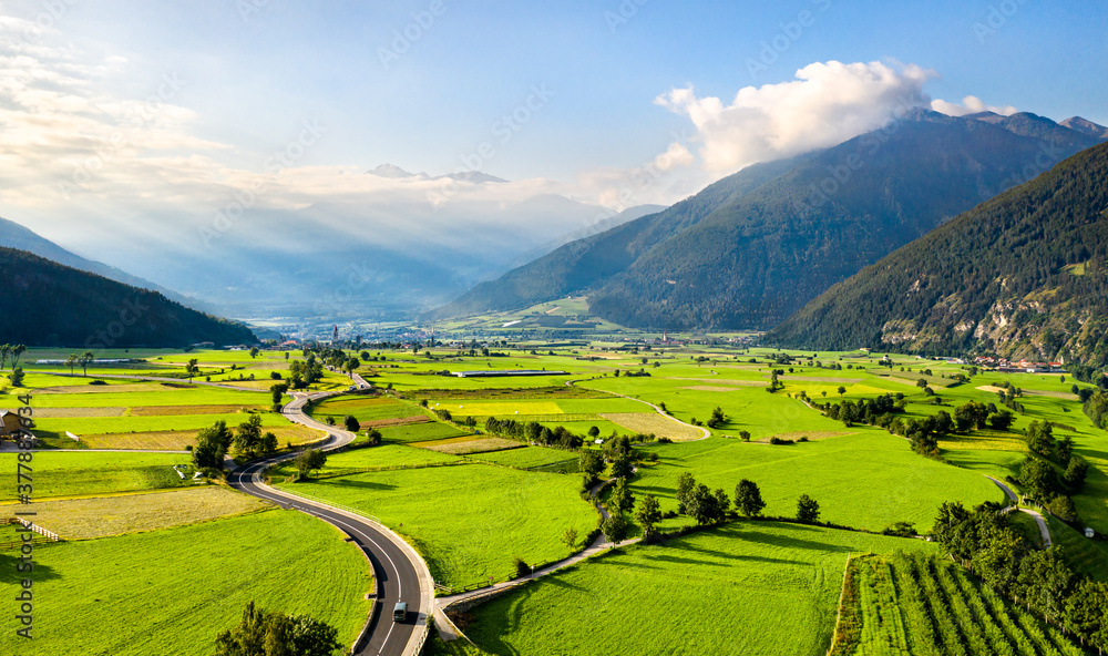 Aerial view of the Vinschgau Valley in South Tyrol, Italy