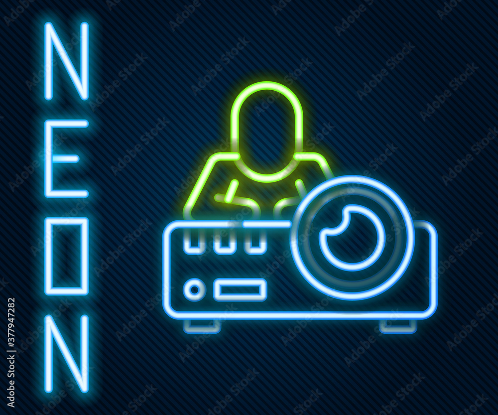 Glowing neon line Presentation, movie, film, media projector icon isolated on black background. Colo