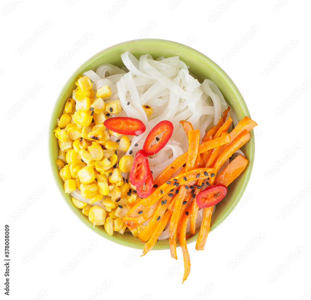 Bowl with tasty rice noodles and vegetables on white background
