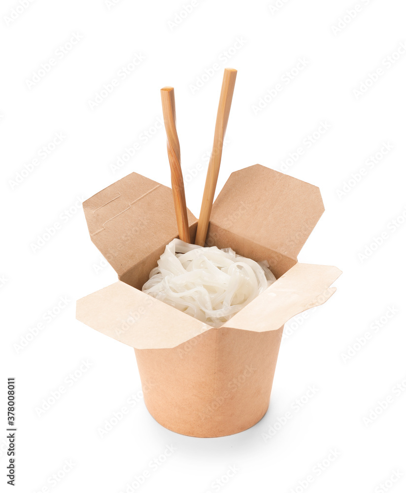 Box with with tasty rice noodles on white background