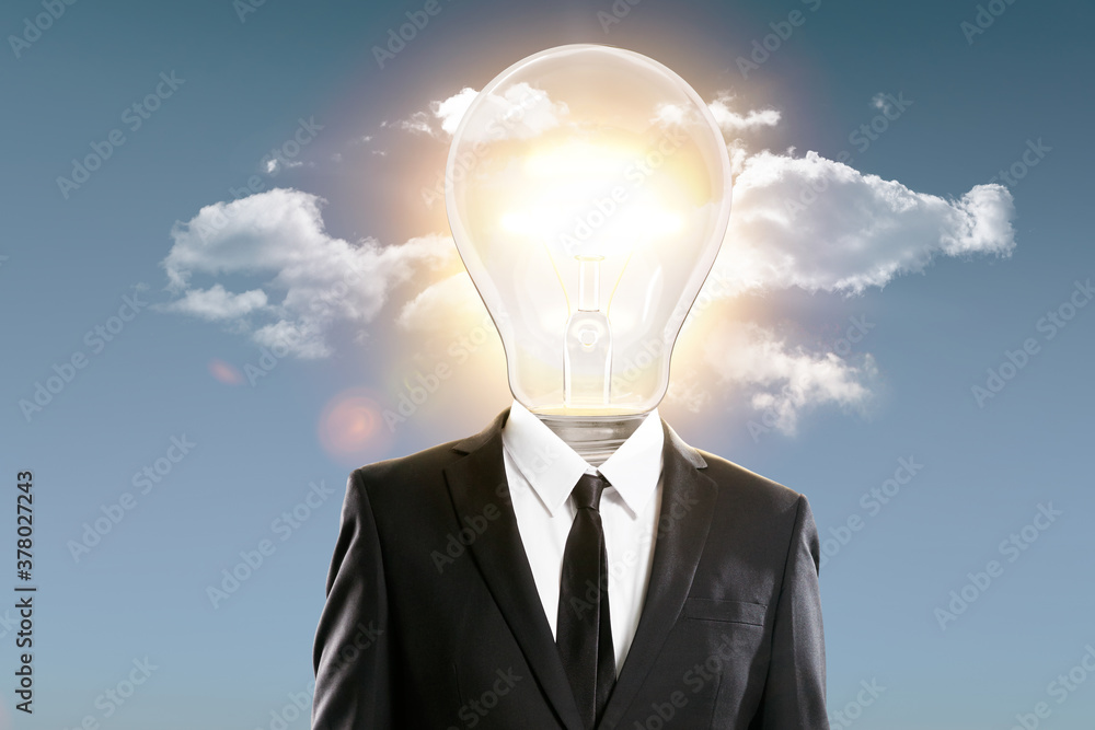 Businessmen in a suit with a light bulb head.
