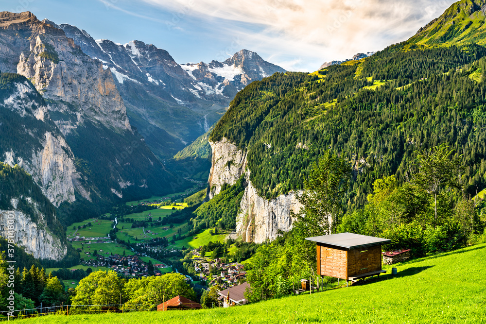 View of the Lauterbrunnen valley in Swiss Alps
