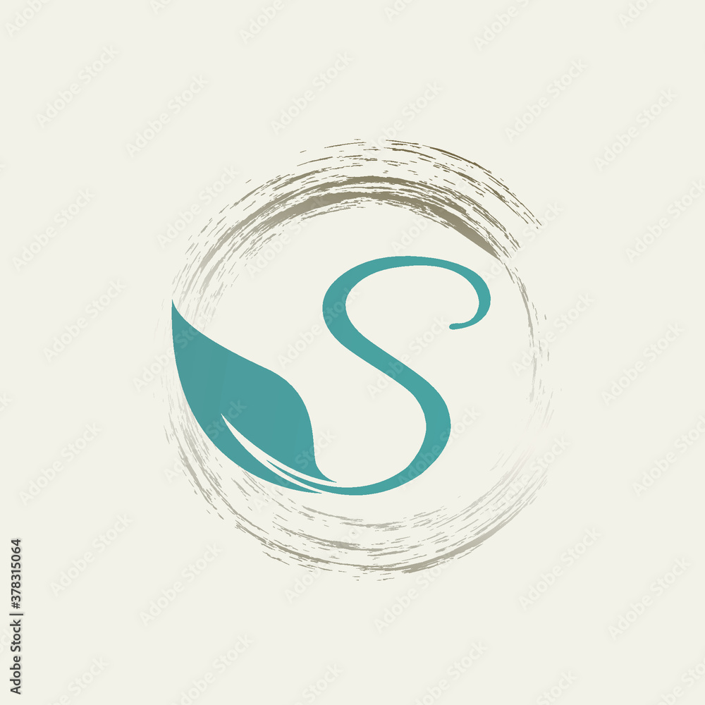 Letter S logo with leaf.Calligraphic lettering in an elegant, luxury style.Uppercase alphabet initia