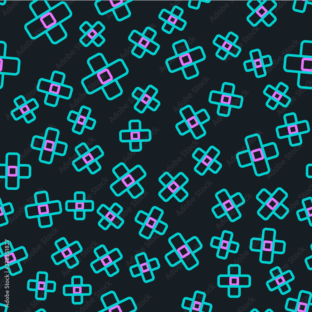 Line Crossed bandage plaster icon isolated seamless pattern on black background. Medical plaster, ad