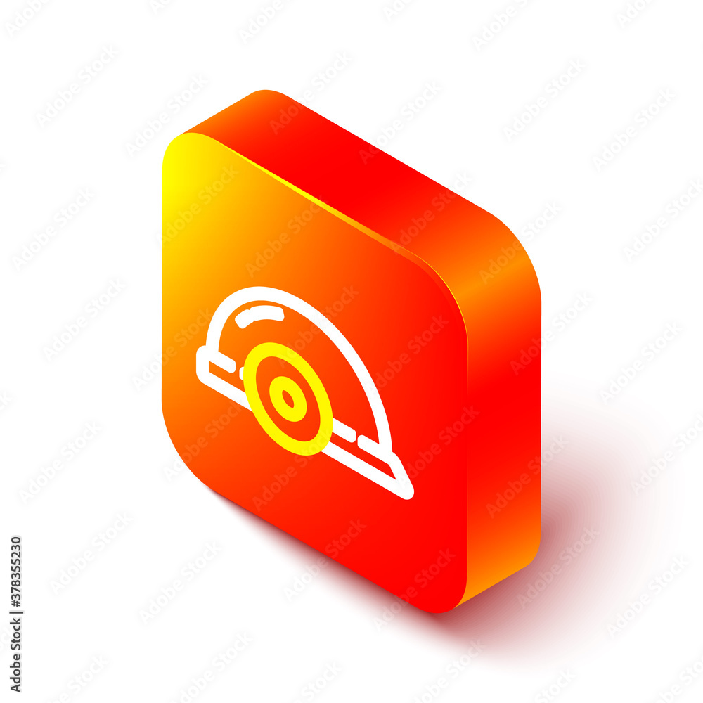 Isometric line Worker safety helmet icon isolated on white background. Orange square button. Vector 