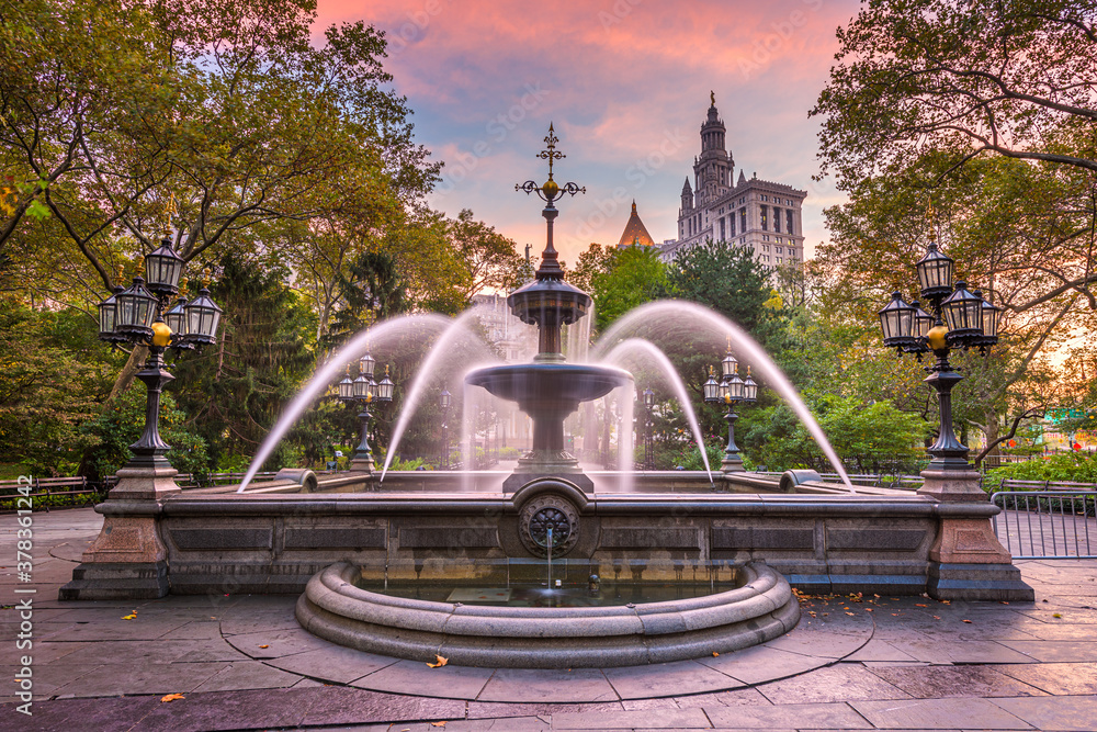  New York, USA at City Hall Park Fountain