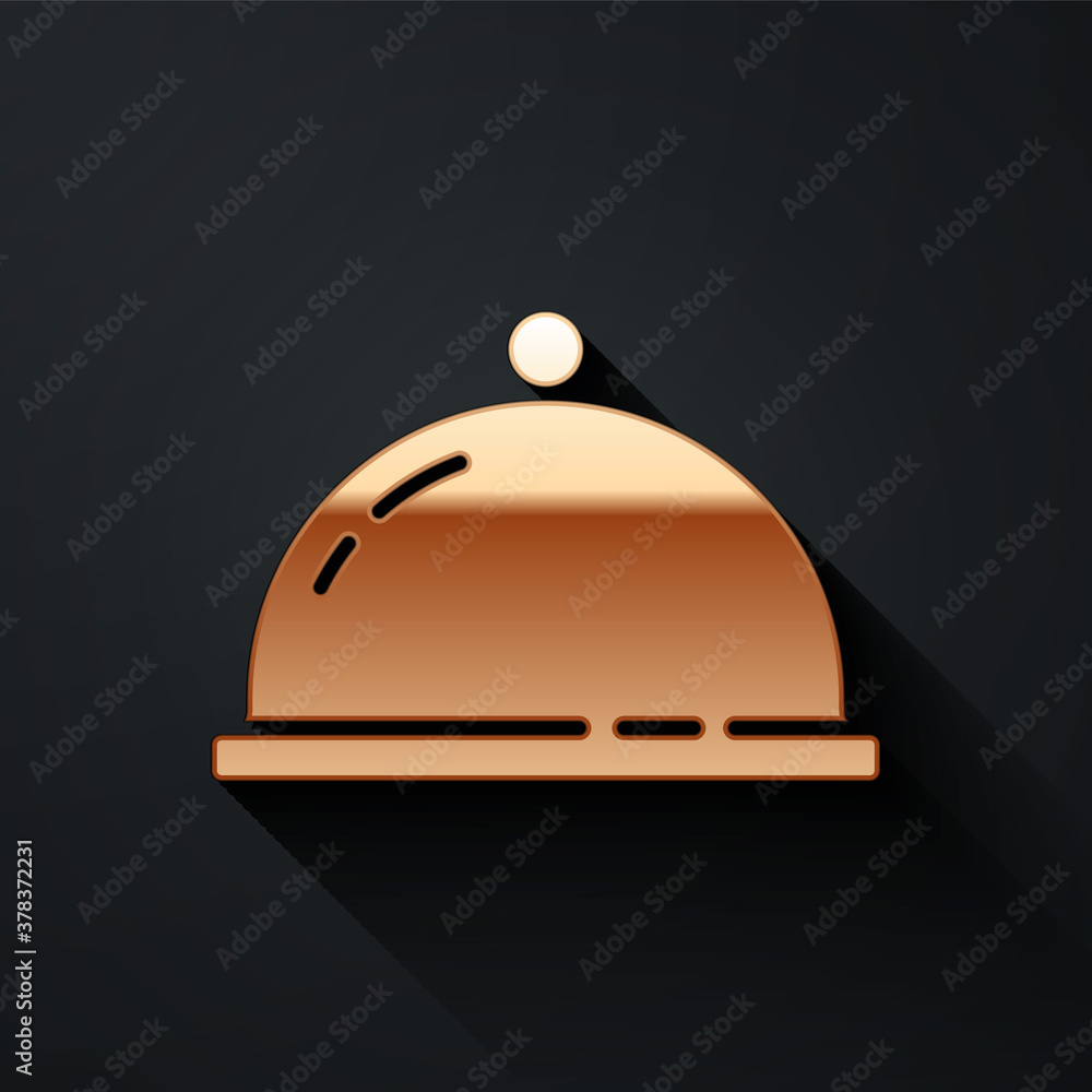 金色，黑色背景上有一托盘食物图标。托盘和盖子标志。餐厅cl